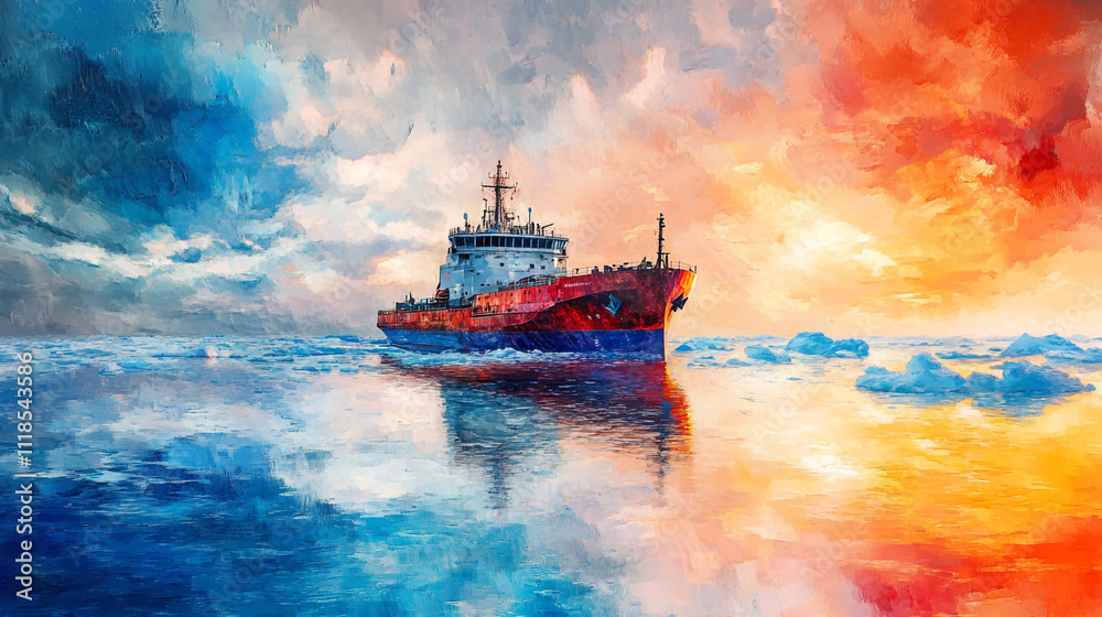 Naklejka premium polar research ship navigating through icy waters on the ocean, navigating through a stunning Antarctic ocean landscape, Ship in ocean near glacier, Icebreaker ship in the North Sea.