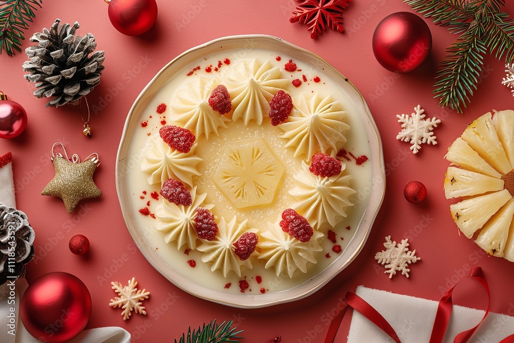 Over a very pale red setting, an overhead view of a plate of no-bake pineapple cream dessert depicting Christmas embellishments lovely food and space, Generative AI. Over a very pale red setting, an overhead view of a plate of no-bake pineapple cream dessert depicting Christmas embellishments lovely food and space, Generative AI.