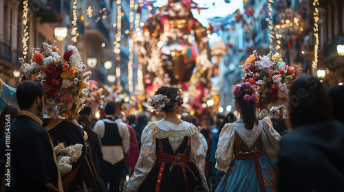 Fallas Winter Festival, a procession with participants dressed in traditional Spanish clothing walking with flowers towards a large decorated statue, Ai generated images photo