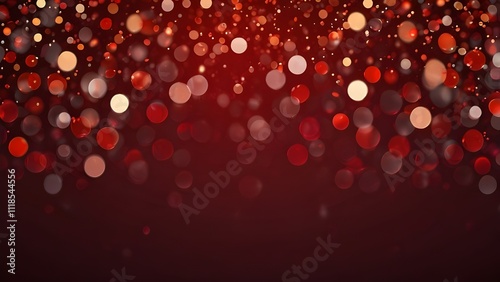 Abstract background with red bokeh, confetti rain on festive stage with light beam in the middle, empty room at night mockup 