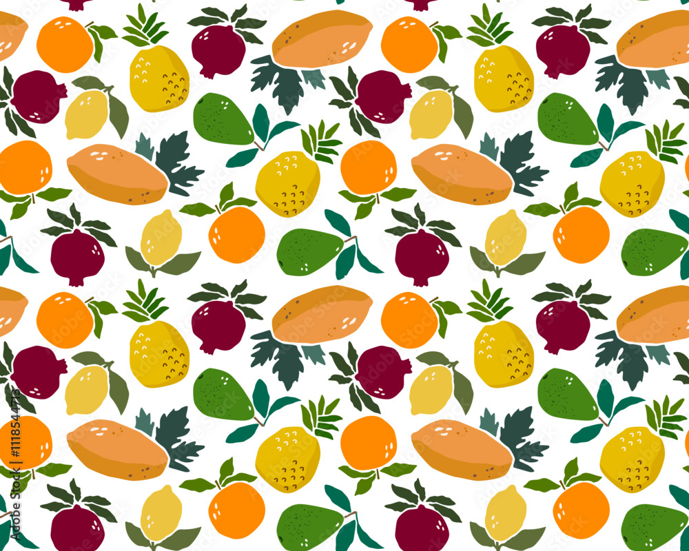 Obraz premium Seamless pattern of tropical fruits in Matisse paper cut style. Collection of vitamin-rich vegetarian healthy food products. avacado, lemon, pomegranate, pineapple, orange, papaya. Kitchen decor.