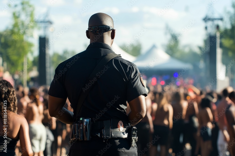 Security officer oversees large outdoor event.
