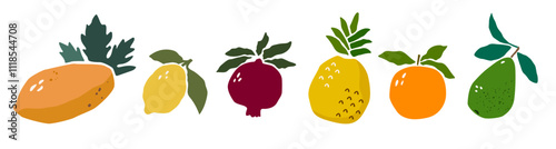 set of tropical fruits in Matisse paper cut style. collection of vitamin-rich vegetarian healthy food products.  avacado, lemon, pomegranate, pineapple, orange, papaya. vector objects isolated