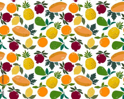 Seamless pattern of tropical fruits in Matisse paper cut style. Collection of vitamin-rich vegetarian healthy food products.  avacado, lemon, pomegranate, pineapple, orange, papaya. Kitchen decor.