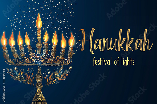 Traditional Menorah with burning candles on blue background for Hanukkah, Jewish holiday. Banner with the word 