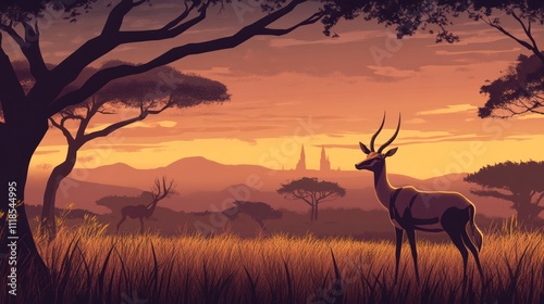 A serene sunset landscape with antelopes grazing amidst trees and distant mountains.