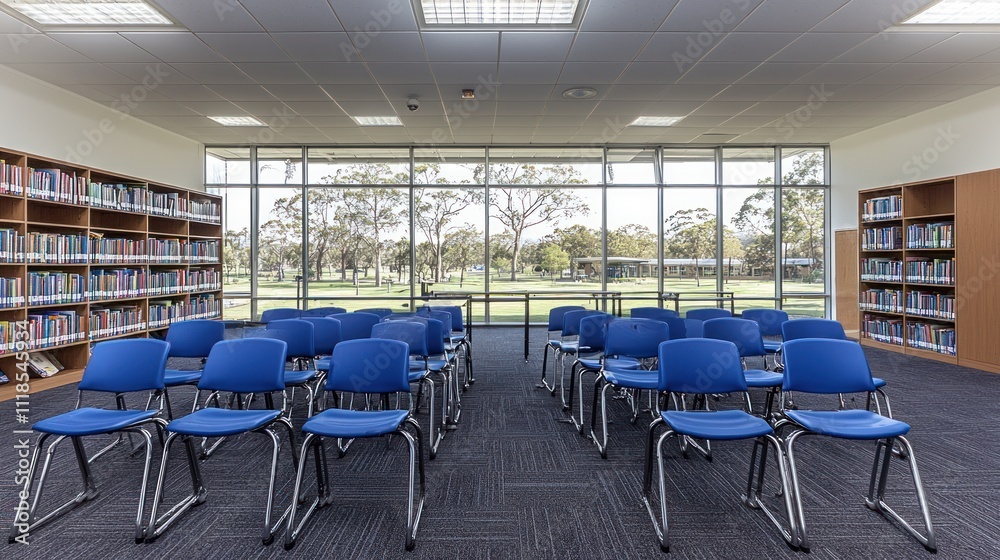 Fototapeta premium Modern Library Reading Room with Large Windows and Blue Chairs