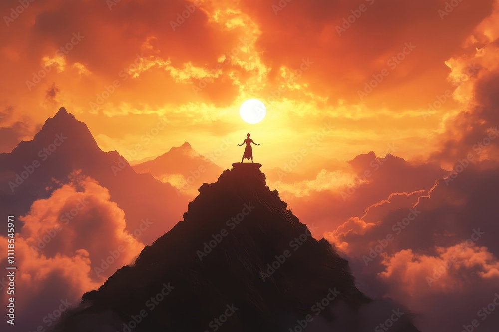 Sunset silhouette: person on peak, fiery clouds, mountains. Sunset silhouette: person on peak, fiery clouds, mountains.