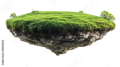 A hovering island covered in lush green grass and dotted with small trees, showcasing a unique natural landscape on transparent background.