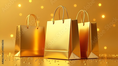 A gold shopping bag with a price tag for sales. The concept of the Black Friday event and the sale of goods. 3d rendering. black background