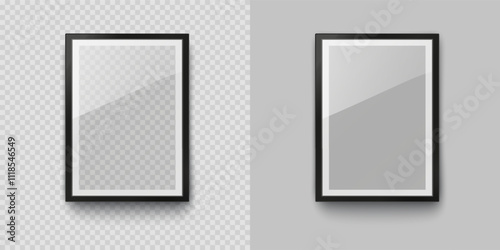 Frame mockup template isolated on transparent wall background. Realistic blank vertical picture or photograph border. Vector glass black photoframe for interior artwork design