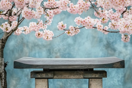 桜の花が咲く背景にある石のベンチと静かな風景 photo