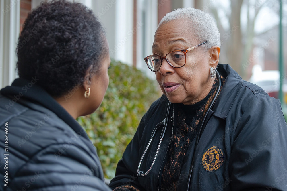 A community health worker performing a health assessment during a home visit, focusing on individual wellness and preventive care