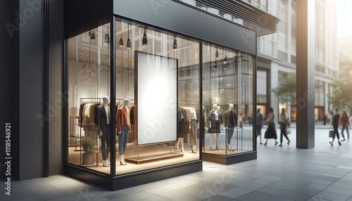 A sleek storefront window display with a blank rectangular frame