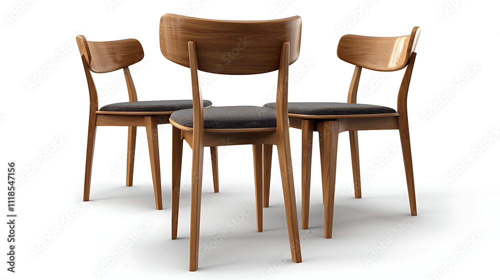 Fototapeta premium Three wooden chairs with black cushions are arranged in a row
