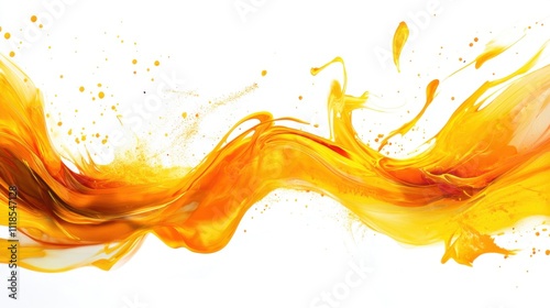 Vivid orange and yellow paint spirals and flows together, producing a captivating display of color on a clean white canvas, evoking warmth and creativity