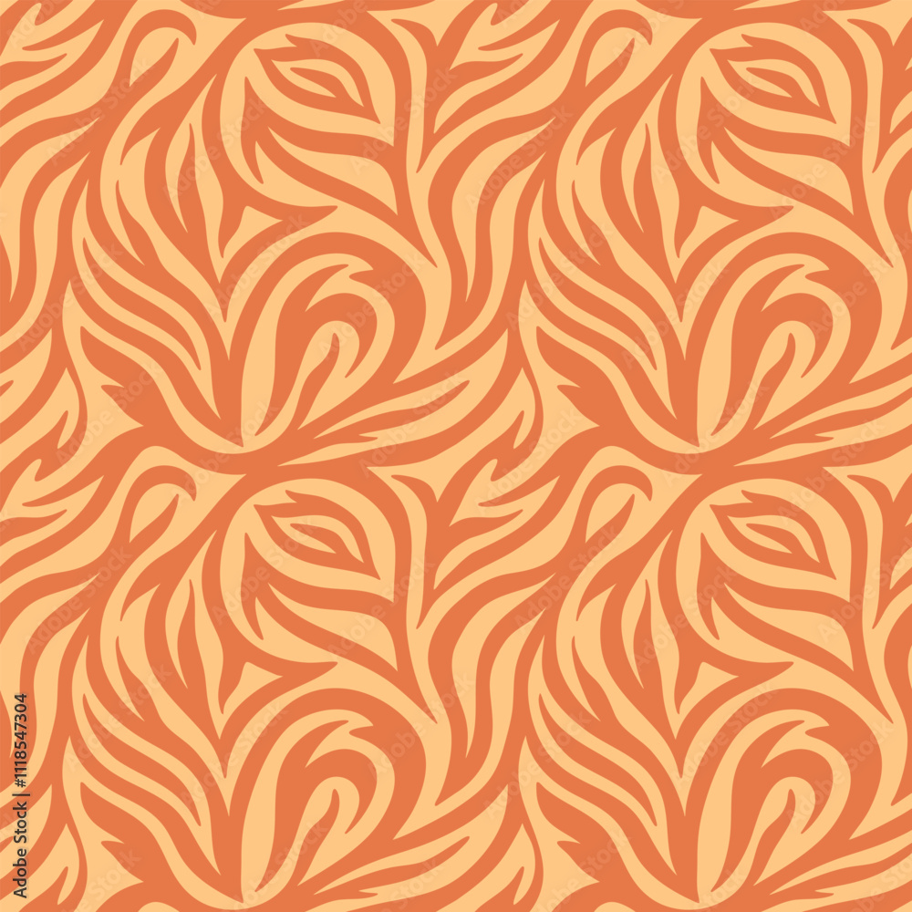 Abstract orange vector seamless pattern. Bright minimal swirled wavy zebra lines on yellow background. Classic smooth shapes repeat design for wallpaper, interior decor, textile. Colored tile motif