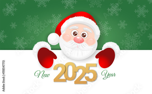 Happy New Year 2025 banner, card template with cute Santa Claus on green background. Vector Illustration