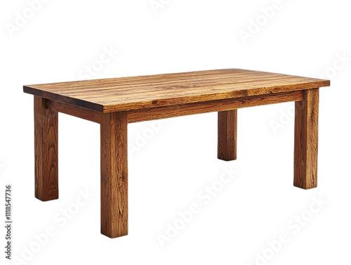 A sturdy wooden table with a smooth surface and robust legs, showcasing natural grain patterns and a warm finish on transparent background.