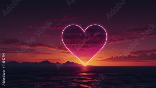 Retro wave sunset, Valentine's day, style of synth wave artwork, cinematic color grading, background with neon heart
