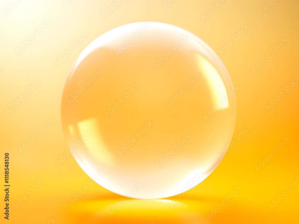 Abstract frosted glass sphere with soft blur, floating on a gradient of golden yellow to orange