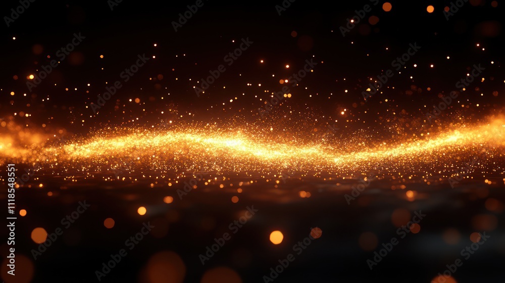 Fototapeta premium Glowing golden particles stream, dark background.
