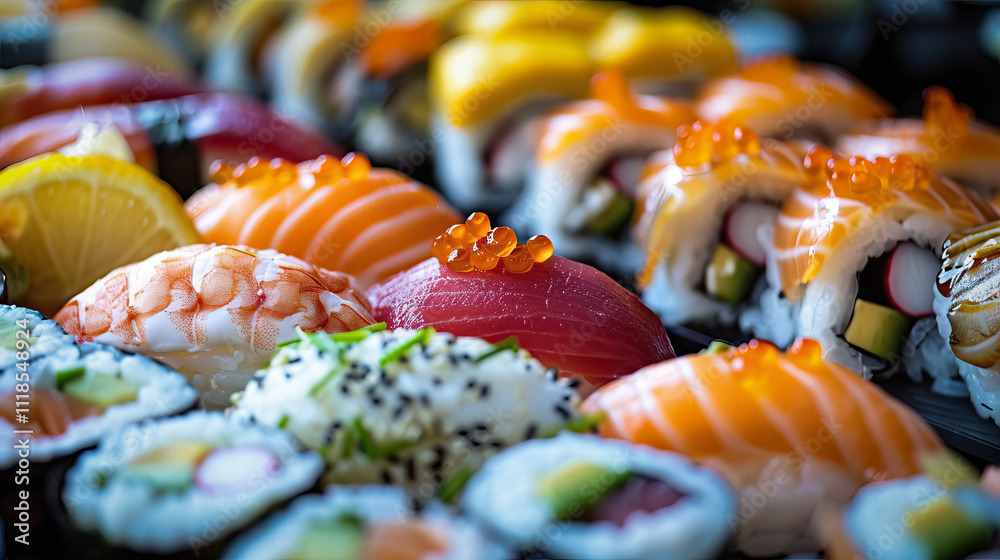 A fresh sushi, black environment, restaurant, close-up view A fresh sushi, black environment, restaurant, close-up view