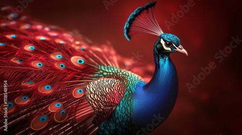 A vibrant peacock displaying its colorful plumage against a dramatic background.