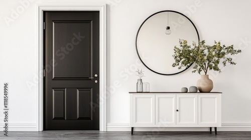 Minimalist hallway interior with dark door, white console table, round mirror, and vase with branches.