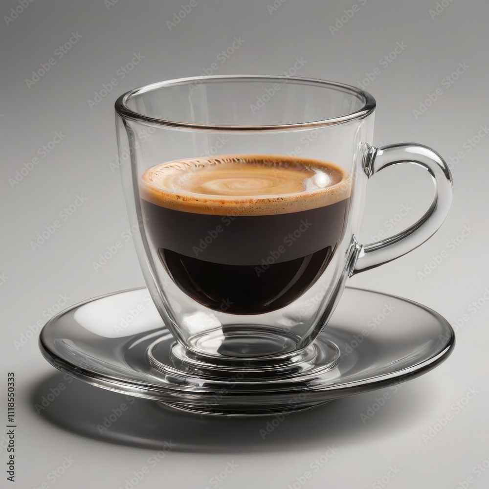 Coffee americano in a transparent glass mug isolated on white background. Classic and elegant coffee beverage.