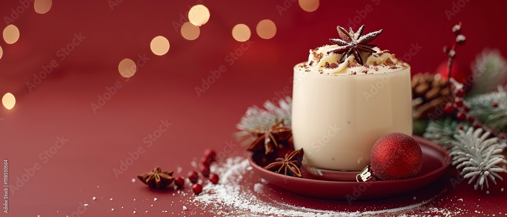 Over a lustrous red plate with an enriched crimson setting adorned with chic embellishments, eggnog is placed in a white bowl with a cinnamon touch and space, Generative AI. Over a lustrous red plate with an enriched crimson setting adorned with chic embellishments, eggnog is placed in a white bowl with a cinnamon touch and space, Generative AI.