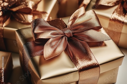 golden gifts wrapped with shimmering bows on clean surface reflecting tradition of three kings day with copy space photo