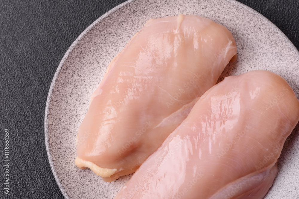Fototapeta premium Pieces of raw chicken or turkey fillet with salt, spices and herbs