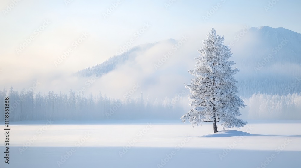A serene winter landscape with a solitary tree amidst snow-covered terrain and distant mountains. A serene winter landscape with a solitary tree amidst snow-covered terrain and distant mountains.
