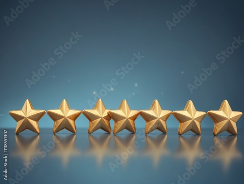  a row of seven gold stars arranged in a straight line. They are set against a smooth, reflective surface, which creates a mirrored effect below them photo