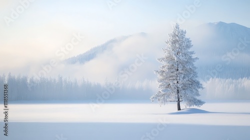 A serene winter landscape with a solitary tree amidst snow-covered terrain and distant mountains.