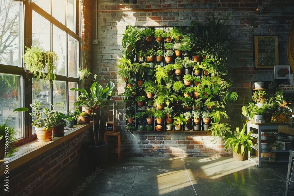 Fototapeta premium Indoor wall covered by a vertical garden, full of vibrant green plants creating a fresh atmosphere