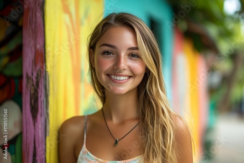 Smiling blonde woman, colorful background, summer.