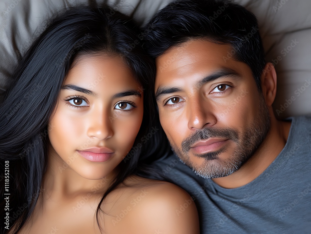 Young Couple Lying Close Together In Bed Young Couple Lying Close Together In Bed