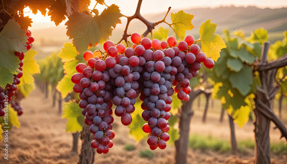 Naklejka premium Cluster of ripe red grapes against a blurred vineyard landscape at sunset