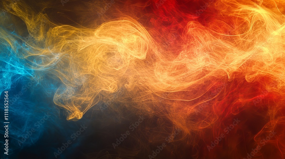 Fototapeta premium Abstract swirling smoke in vibrant colors of blue, orange, and red.