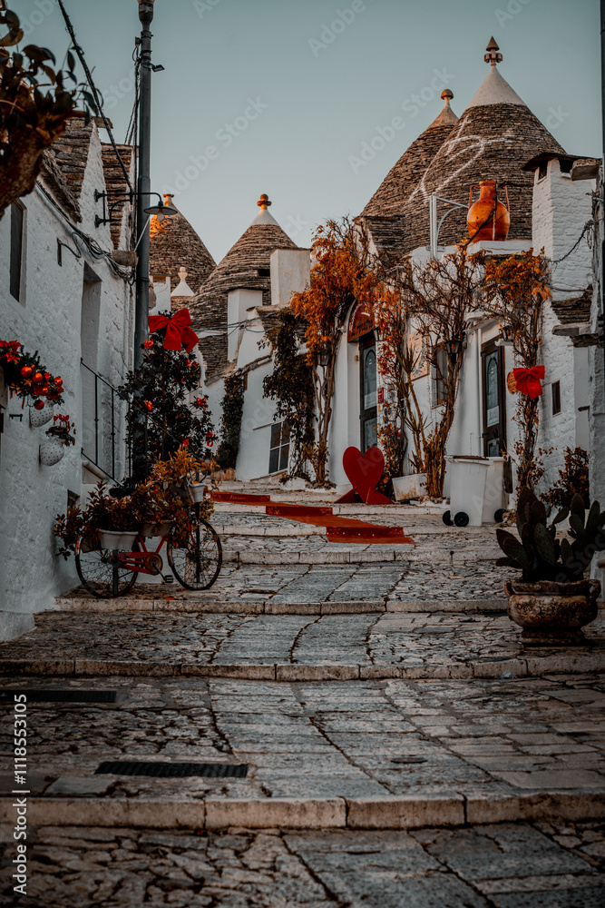 Fototapeta premium Trullis in Alberobello in Apulia, Italy. Christmas Decoration. 