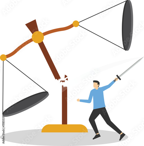 Tiny businessman karate fighting for changing legislation as a law scale for equality. Corruption and dishonesty. Flat vector illustration