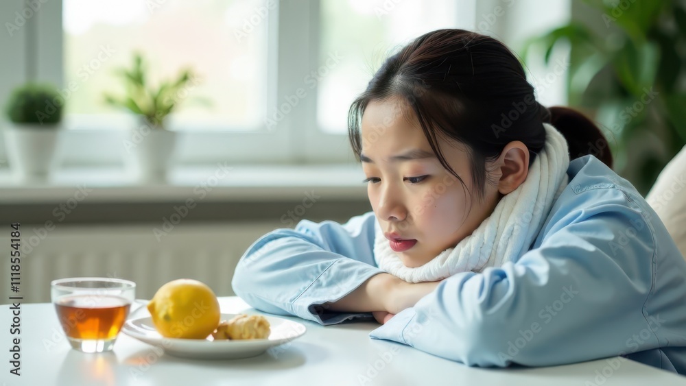 Asian girl sitting at a table with a cup of tea, lemon, and ginger. Perfect for content on health, wellness, and natural remedies Asian girl sitting at a table with a cup of tea, lemon, and ginger. Perfect for content on health, wellness, and natural remedies