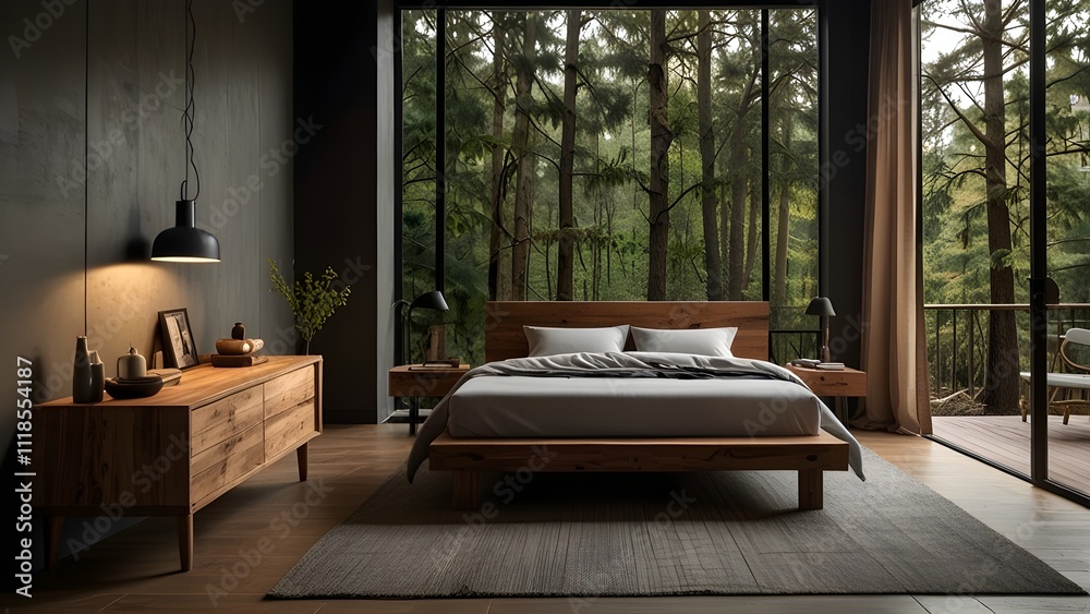 Rustic Modern Bedroom with a Wooden Bed and Scenic Forest View
Rustic Modern Bedroom with a Wooden Bed and Scenic Forest View