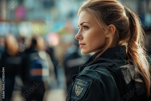 Woman, blonde ponytail, dark uniform, city background.