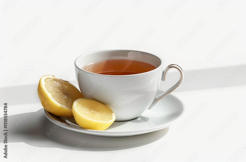 A glass cup of ginger tea with lemon and fresh ginger root beside it, isolated on a white background A glass cup of ginger tea with lemon and fresh ginger root beside it, isolated on a white background