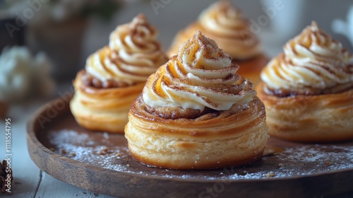 Freshly baked pastries are beautifully arranged on a wooden plate, featuring swirls of creamy frosting and a caramel glaze, perfect for dessert lovers.