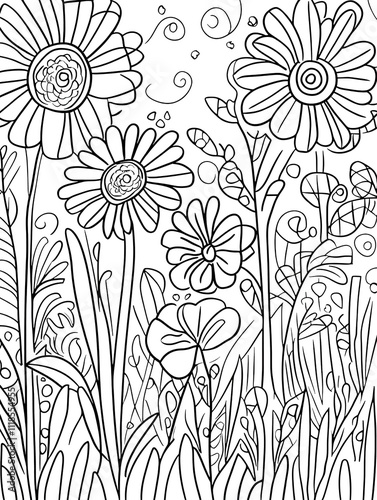 Line art illustration of whimsical flowers and plants, featuring intricate patterns and details, designed as a coloring page for relaxation and creativity
