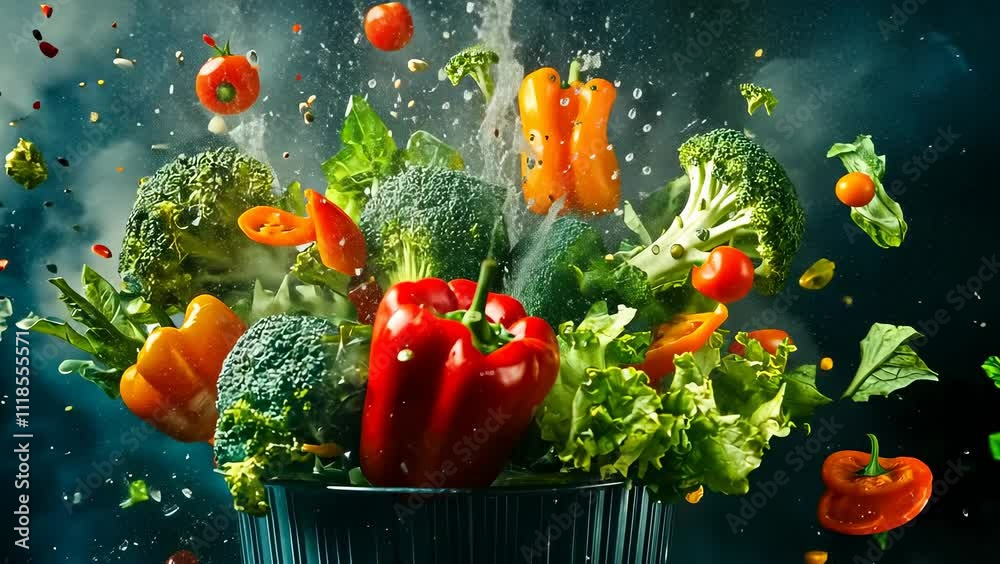 A dynamic display as colorful vegetables fly out of a colander, captured against a dark, misty backdrop. Highlighting fresh, healthy eating.